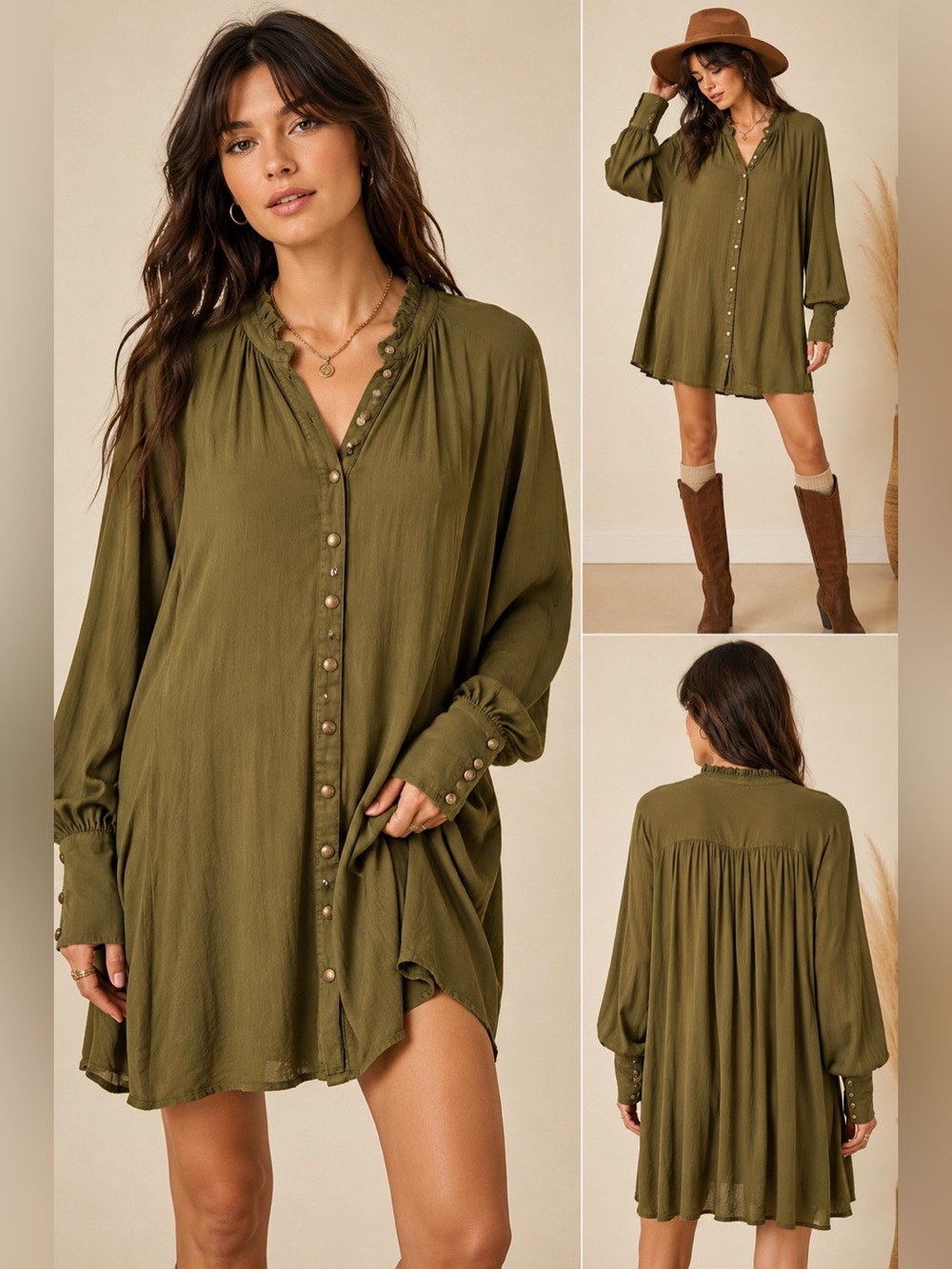 Free People Olive Green Miles Away Babydoll Tunic Dress